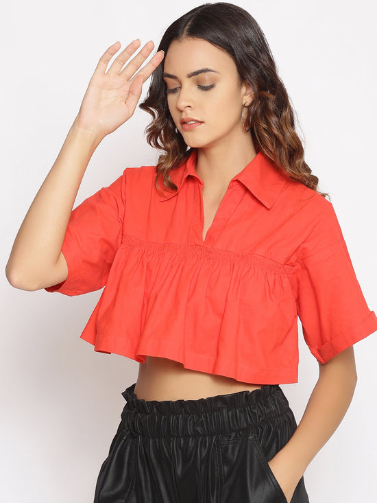 Coral Red Frilled Crop Top