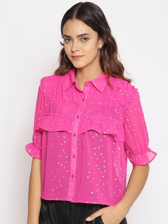 Pink Foil Print Frilled Shirt