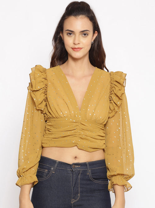 Mustard Party Foil Print Crop Top