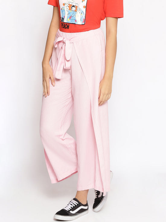 Baby Pink Solid Wrap Linen Blend Pants