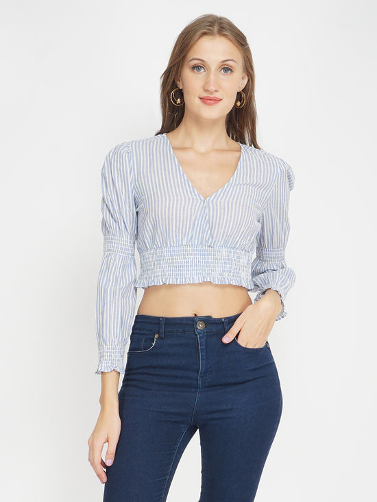 Icy Blue Self-Striped Women's Crop Top