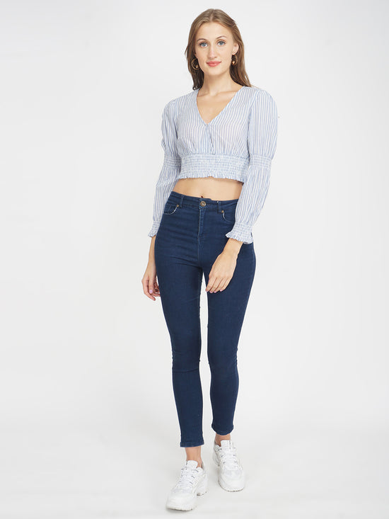 Icy Blue Self-Striped Women's Crop Top