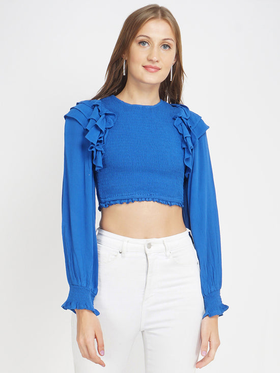 Electric Blue Frill Me Up Women's Crop Smocked Top