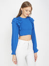 Electric Blue Frill Me Up Women's Crop Smocked Top