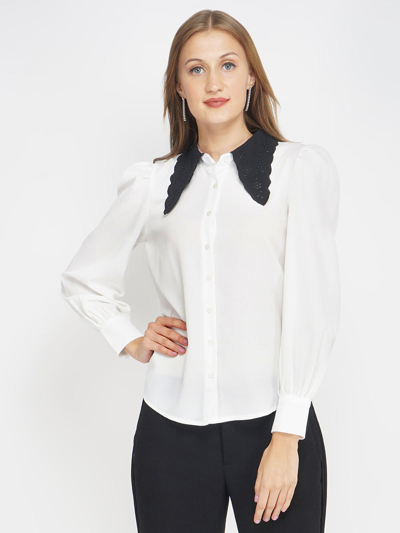 White Contrast Emb Collar Women's Shirt