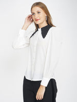 White Contrast Emb Collar Women's Shirt