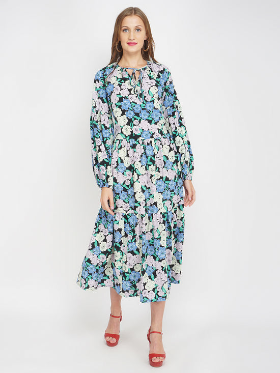 British Florals Blue Women's Layered Maxi Dress