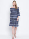 Misty blue printed bardot women casual dress