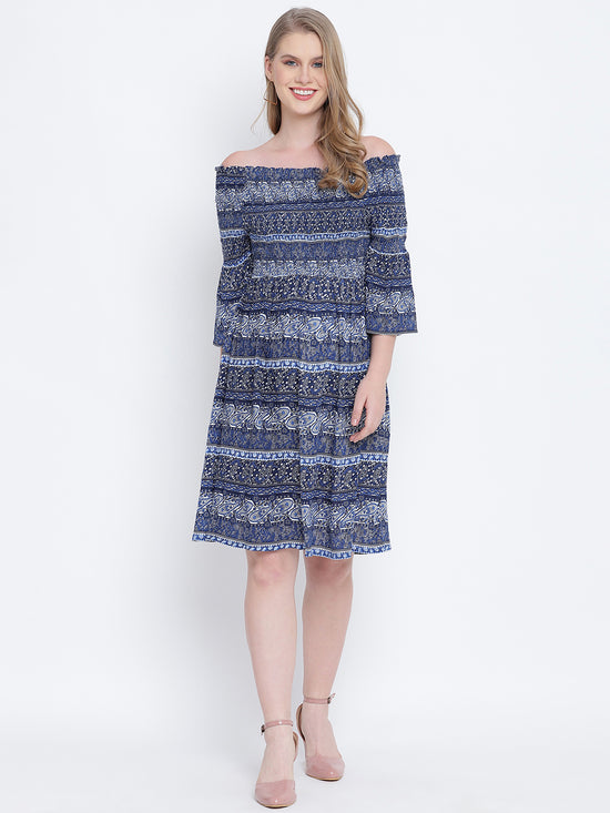 Misty blue printed bardot women casual dress