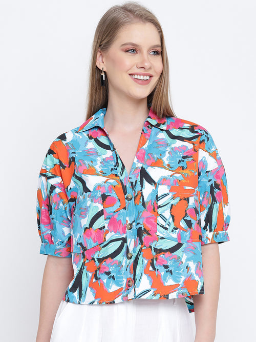 Colourful Dappled button- down shirt casual women top
