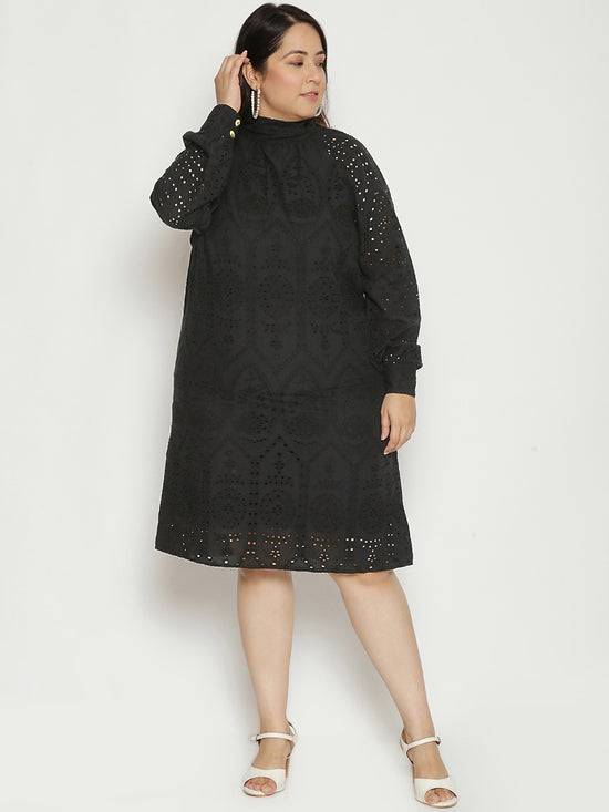 Black High Tea Schiffli Plus Size Women's Dress