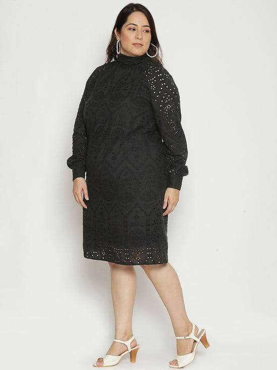 Black High Tea Schiffli Plus Size Women's Dress