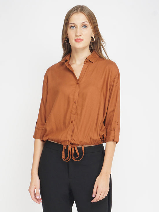 Coffee Brown Women's Shirt with Tie-Up Waist