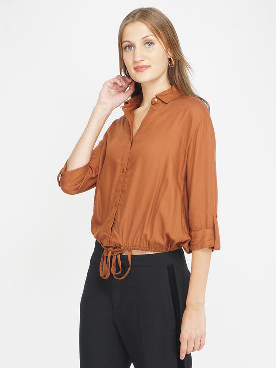 Coffee Brown Women's Shirt with Tie-Up Waist