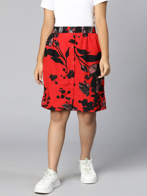 Mega red leaf printed button -down elasticated girl short skirt