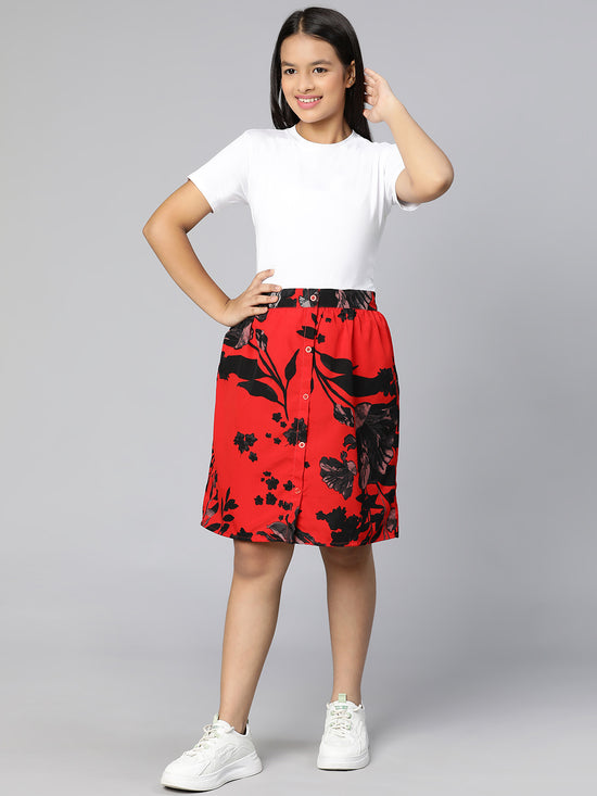 Mega red leaf printed button -down elasticated girl short skirt