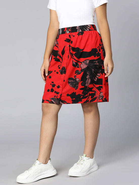 Mega red leaf printed button -down elasticated girl short skirt