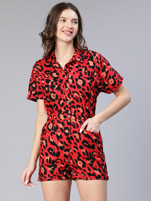 Frail red animal printed button - down women playsuit