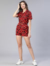 Frail red animal printed button - down women playsuit