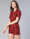 Frail red animal printed button - down women playsuit