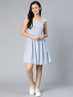 Queeny Blue Floral Printed Smocked Women Dress