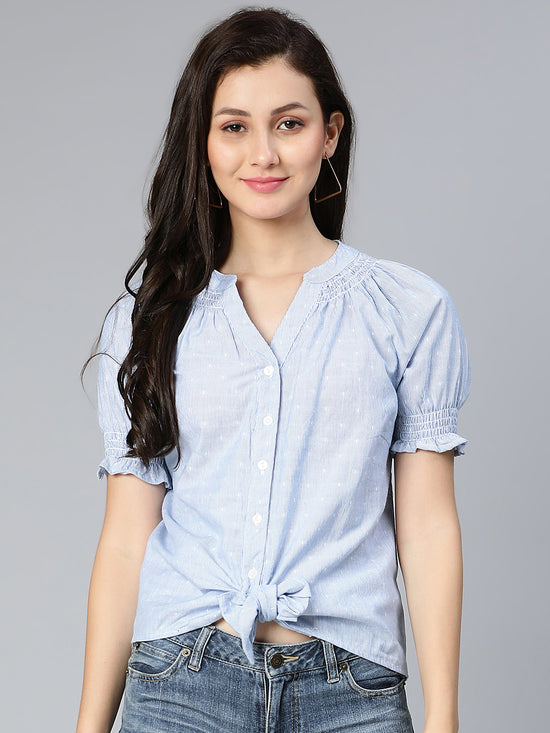 High blue stripe printed tie-knotted women top