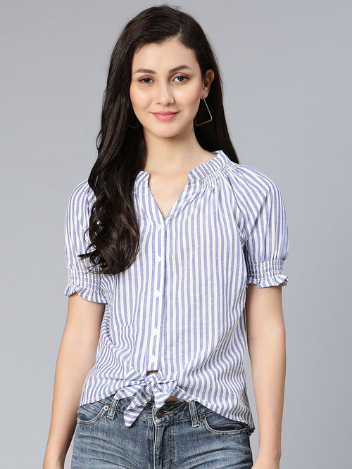 Straipe in blue tie-knotted women top