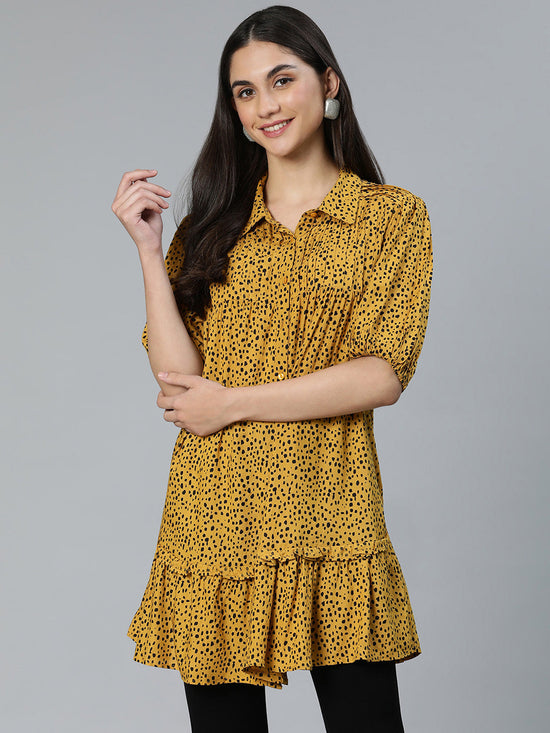 Animal Printed Mustard Color Button -Down Women Tunic