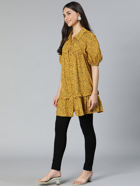 Animal Printed Mustard Color Button -Down Women Tunic