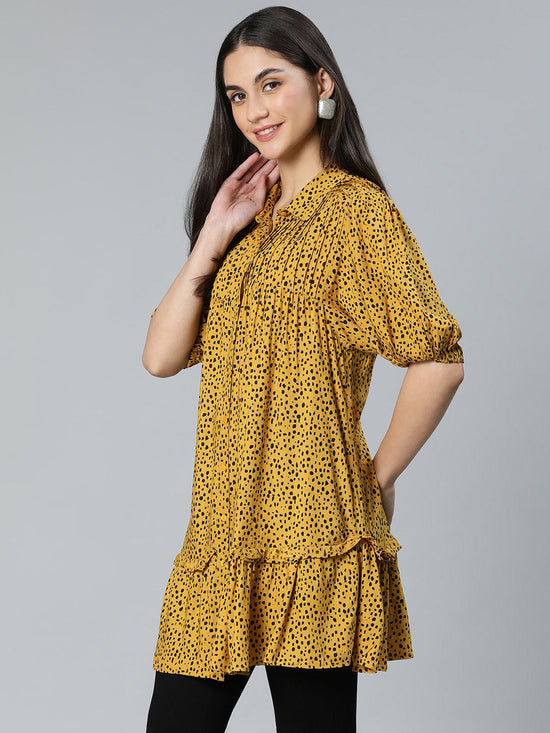 Animal Printed Mustard Color Button -Down Women Tunic