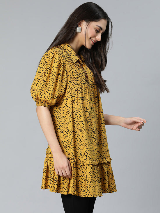 Animal Printed Mustard Color Button -Down Women Tunic