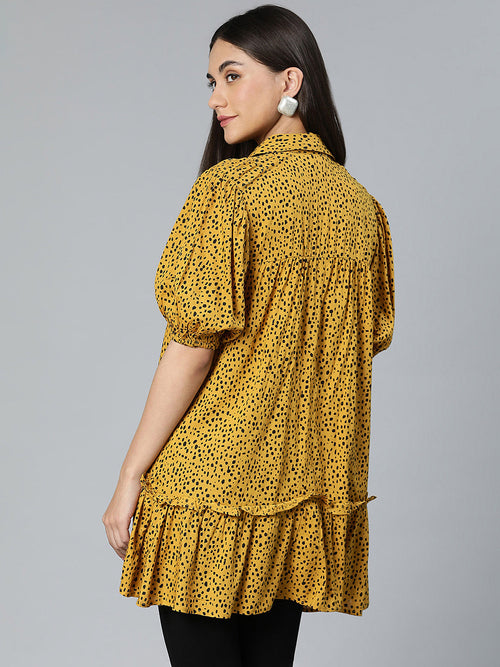 Animal Printed Mustard Color Button -Down Women Tunic