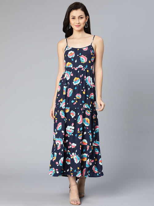 Brace blue floral printed shoulder strapped women dress