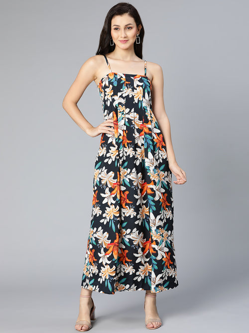 Colormax floral printed & pleated shoulder strapped women dress