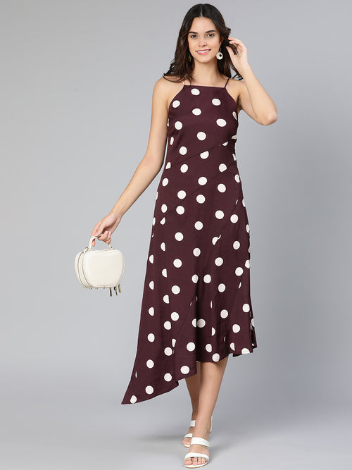 White polka print A-symmetrical partywear women long dress