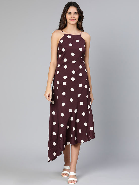 White polka print A-symmetrical partywear women long dress