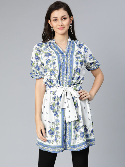 More blue floral printed elastiacted women tunic