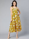 Mustard yellow floral printed shoulder straped women long dress