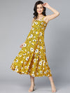 Mustard yellow floral printed shoulder straped women long dress