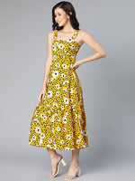 Mustard yellow floral printed shoulder straped women long dress