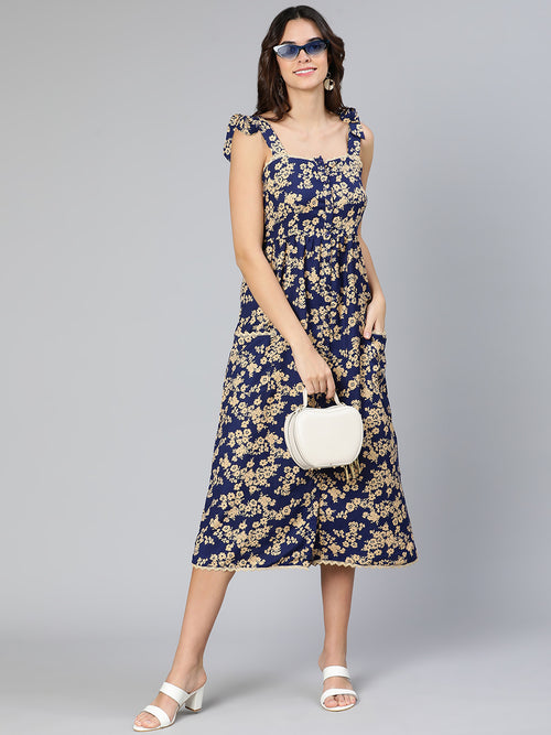 Solaced blue floral print women long dress