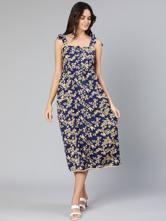 Solaced blue floral print women long dress