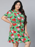 Fantastic Green Color Floral Printed Plus Size Women Dress