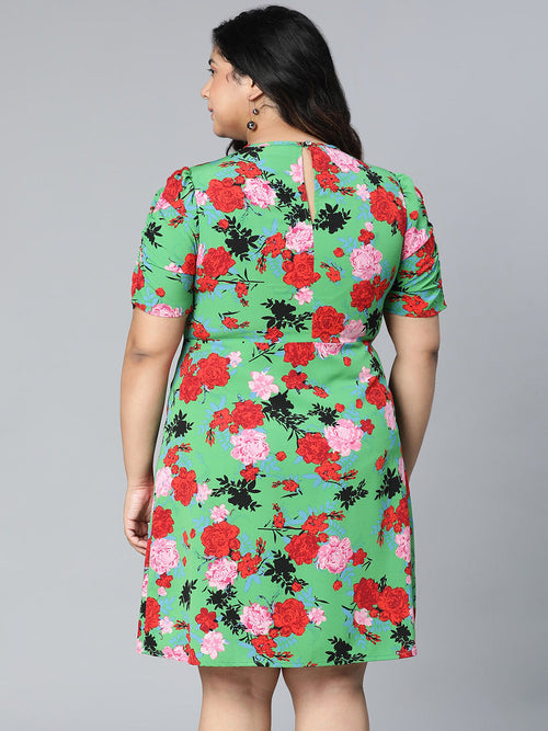 Fantastic Green Color Floral Printed Plus Size Women Dress