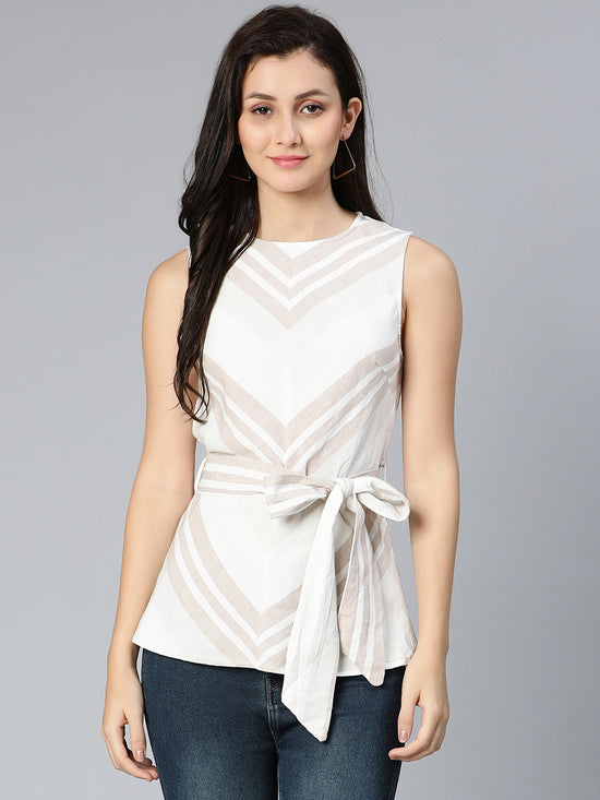 Creamy white striped printe belted women partywear top