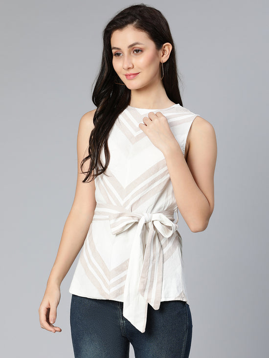 Creamy white striped printe belted women partywear top