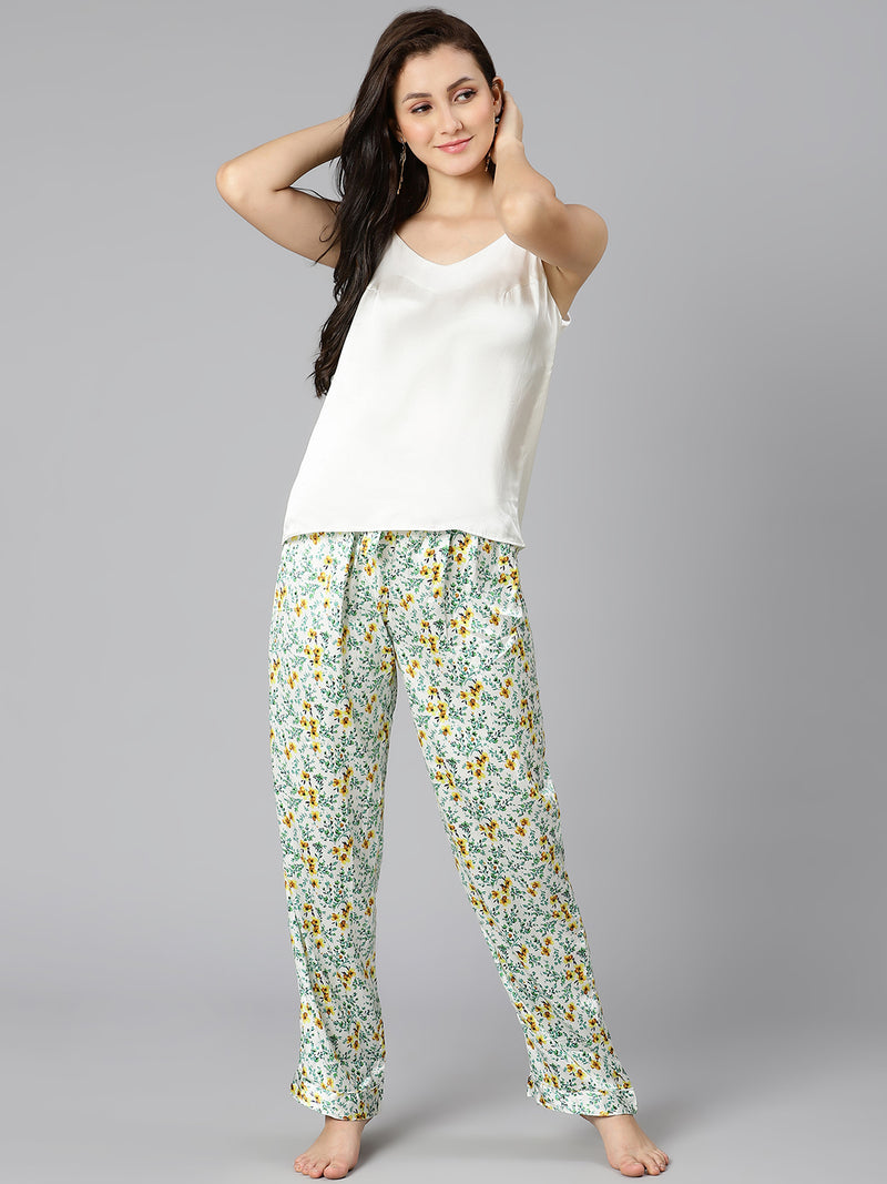 White jammies floral printed comfy women nightwear pajama