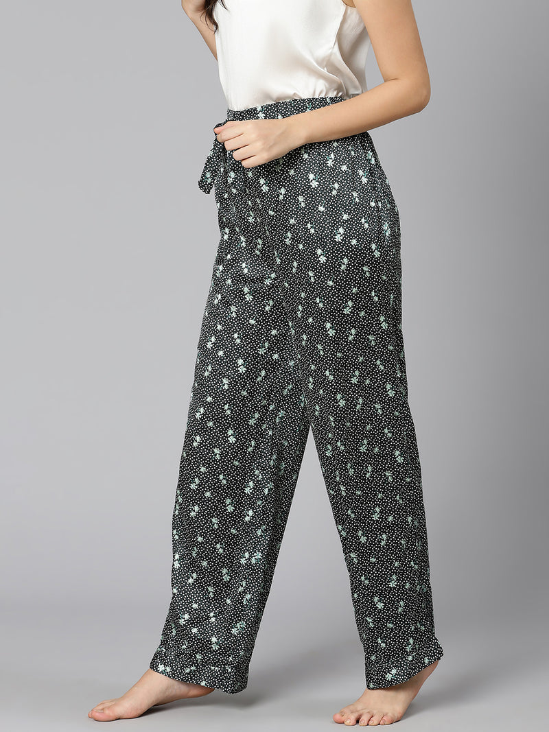 Spiced black floral printed elasticated women nightwear pajama