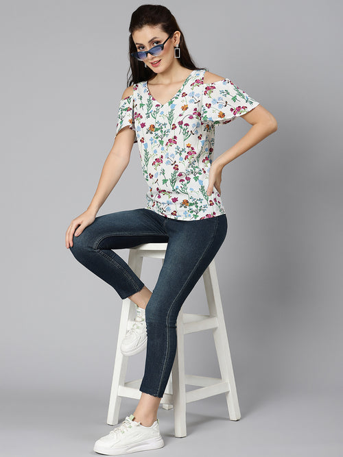 Frost multicolor floral print cut-outs sleeved women top