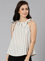 Slivery white stripes ruffled tie-knotted women top